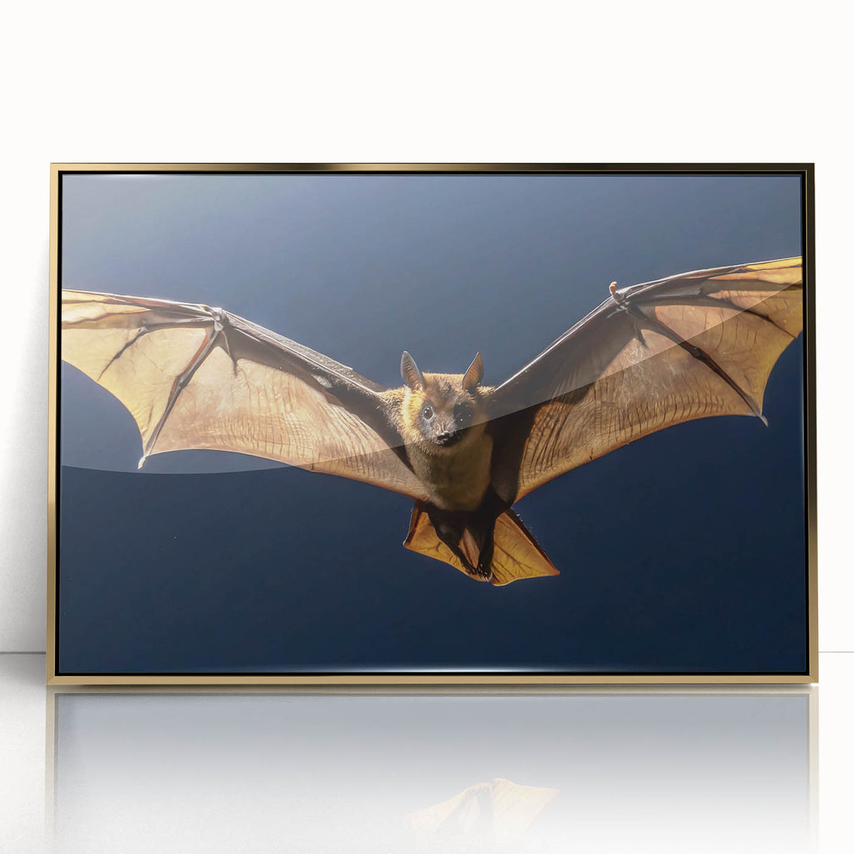 Framed acrylic artwork showcasing a vibrant gold abstract design, elegantly displayed from the front, ideal for modern home decor or office spaces. Perfect for adding a touch of sophistication to interior design themes.
