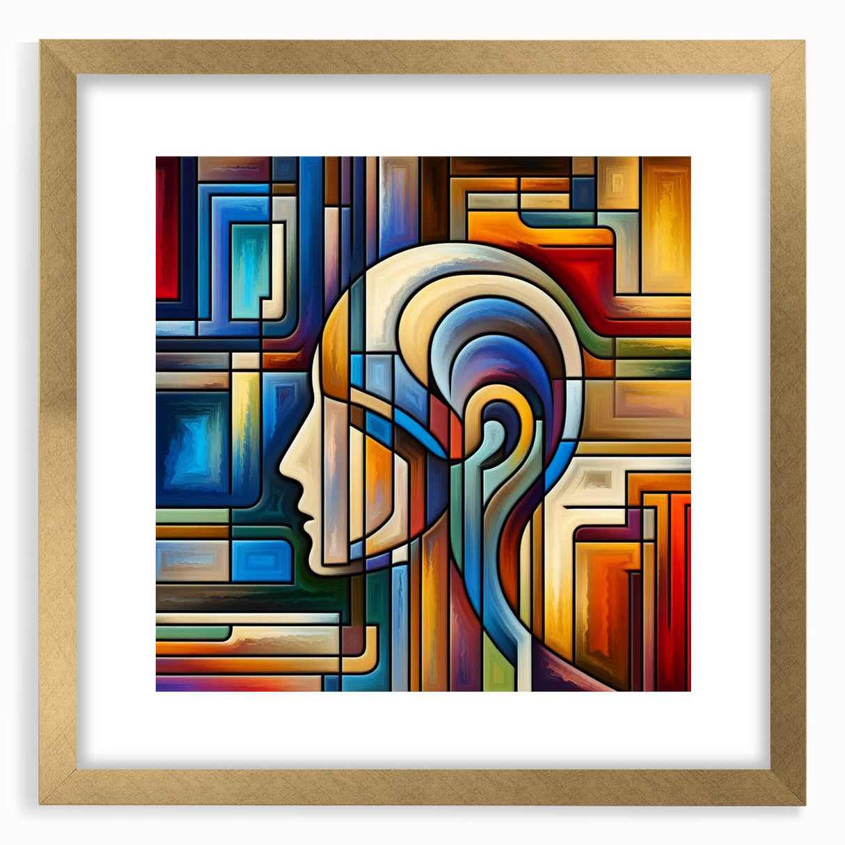 Elegant gold-framed artwork featuring a scenic landscape, with a white mat enhancing its aesthetic appeal. Perfect for home decor or gallery display, adding sophistication to any space.