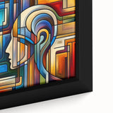Framed canvas showcasing a vibrant abstract painting with bold colors and intricate textures, perfect for modern home decor, displayed against a neutral wall.