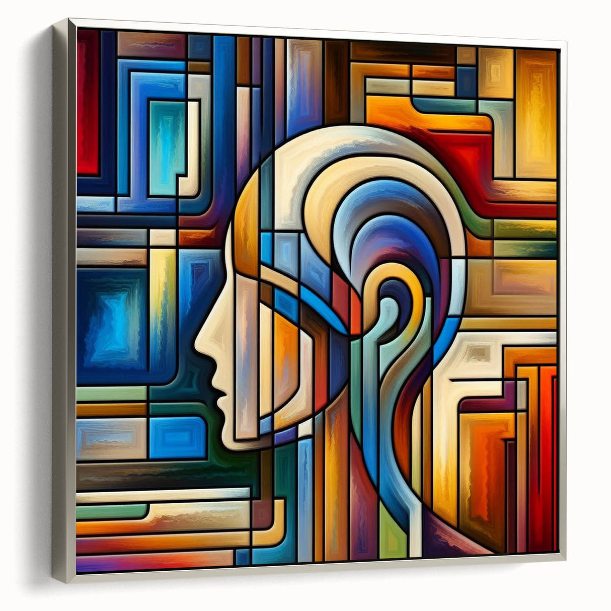 Framed canvas artwork showcasing a stunning landscape scene with vibrant colors and intricate details, featuring a sleek silver frame, ideal for home decor.
