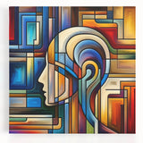 Stretched canvas wall art featuring a vibrant abstract design in shades of blue and gold, showcasing intricate patterns perfect for modern home decor.