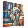 Side view of a stretched canvas showcasing vibrant abstract art, highlighting deep blues and warm oranges, ideal for modern home decor, displayed on a sleek easel.