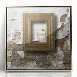 Large art print of an abstract design in gold and black tones on acrylic, framed, reflecting mid-century modernist style.