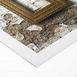 Art deco poster on rolled canvas featuring geometric patterns in muted gold and navy, suitable for dining room walls.