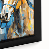 Close-up view of a framed canvas print showcasing vibrant African tribal art, highlighting intricate patterns and rich colors, ideal for home decor or cultural display.