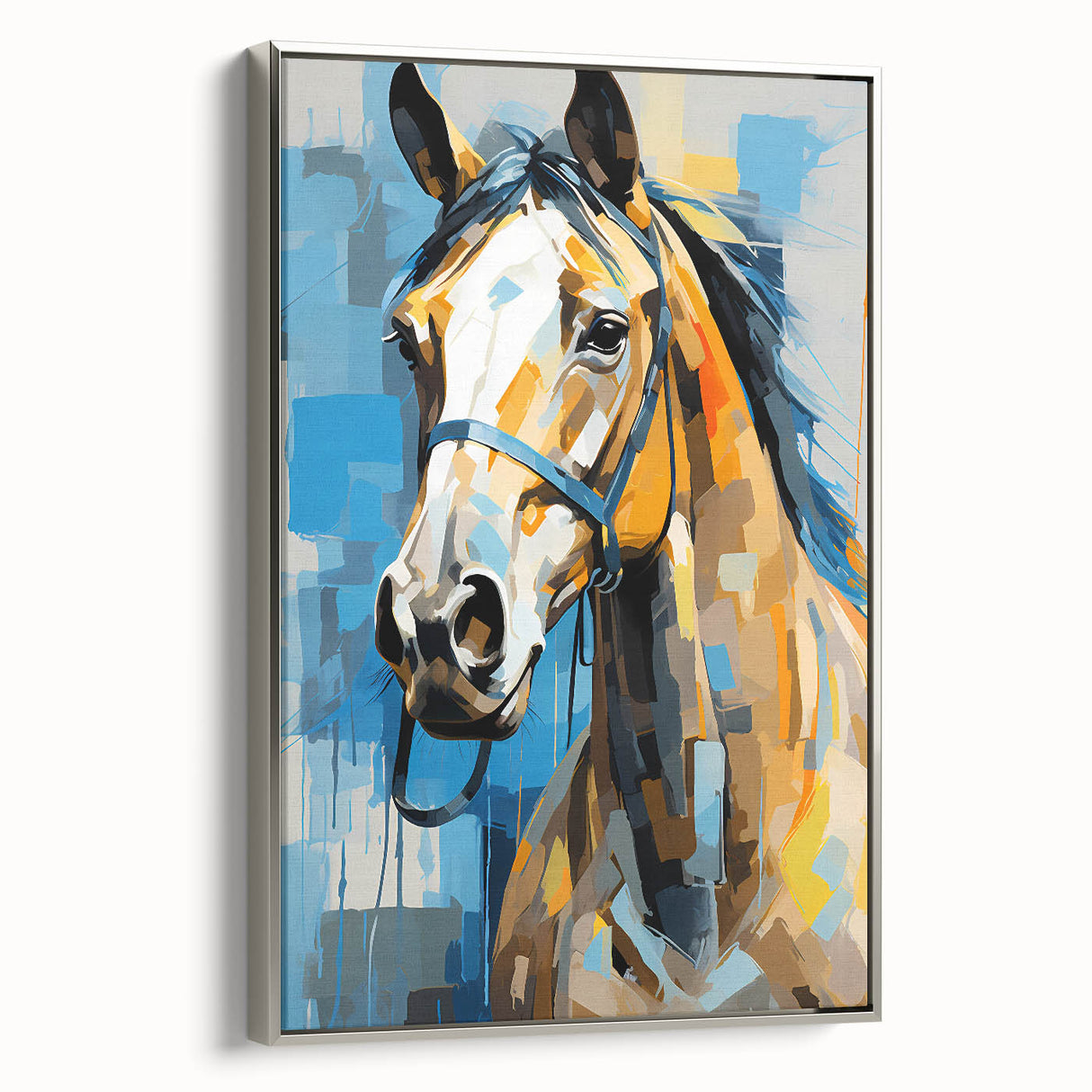 Framed canvas artwork showcasing a serene landscape with vibrant colors, displayed against a silver frame, perfect for modern home decor or office settings.
