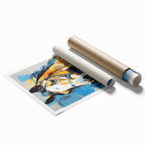 Rolled canvas print showcasing vibrant African tribal art with intricate patterns and rich colors, securely packaged in a durable cardboard tube for delivery.