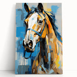 Stretched canvas print of vibrant abstract art leaning against a wall, showcasing bold colors and dynamic shapes, perfect for modern home decor.