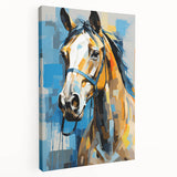 Stretched canvas artwork showcasing a vibrant abstract design in bold colors, viewed from the side, emphasizing its textured surface and gallery-wrapped edges for ready display.