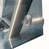 Large abstract wall art in vibrant orange and blue tones on acrylic glass.