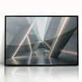 Large abstract wall art on acrylic, featuring bold geometric shapes in black and white.