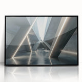 Large abstract wall art on acrylic, featuring bold geometric shapes in black and white.