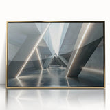 Mid-century modernist art deco poster featuring geometric shapes in gold and black, framed acrylic.