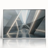 Framed acrylic print of a mid-century modernist art piece featuring geometric shapes in muted earth tones.