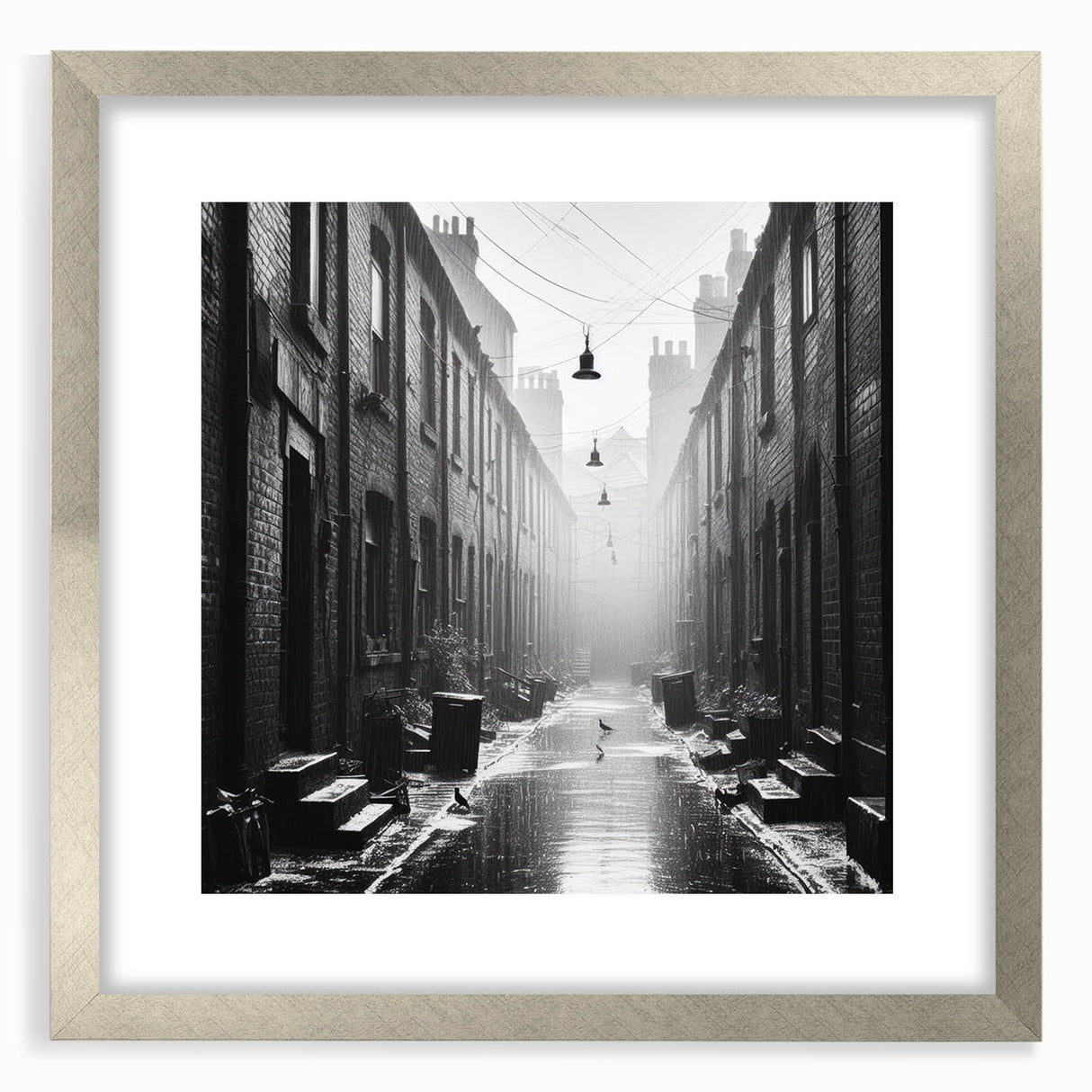 Textured abstract art print in shades of gray and white, displayed in a silver frame, suitable for bedroom decor.
