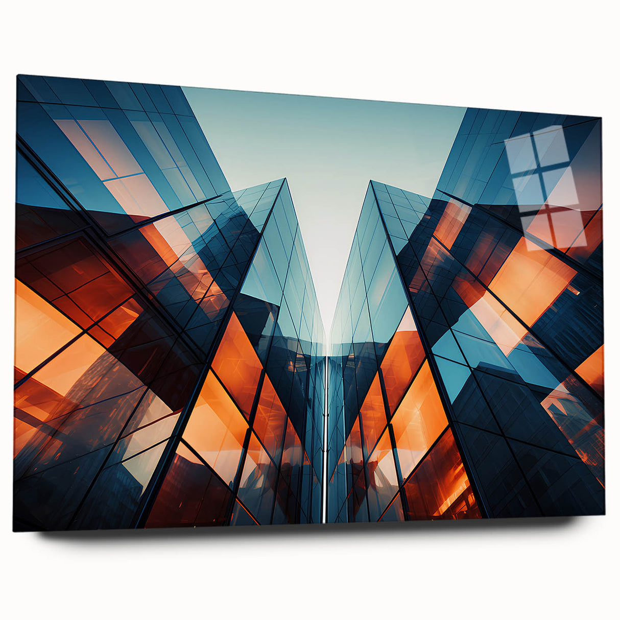 Large abstract wall art print on acrylic, featuring swirling blue and gray tones, ideal for bedroom or dining room decor.