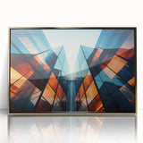 Mid-century modernist art deco poster featuring geometric shapes in gold and black tones on acrylic.