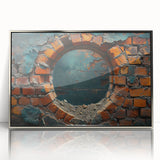 Mid-century modernist art print depicting geometric shapes in muted earth tones, framed in silver.