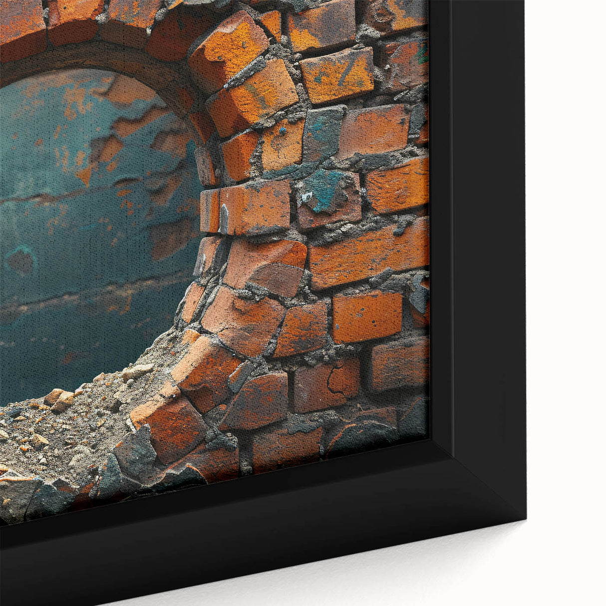 Close-up of black textured art on a framed canvas featuring colorful abstract patterns, suitable for living room decor.