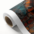 Art Deco style poster featuring geometric shapes and muted gold and teal colors on rolled canvas.