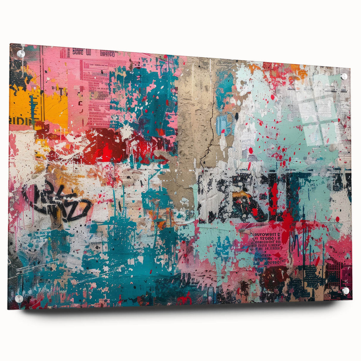 Large abstract wall art in blue and white tones on acrylic glass, ideal for modern bedroom or dining room decor.