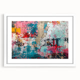 Abstract art print featuring swirling blue and grey tones on a white framed canvas.