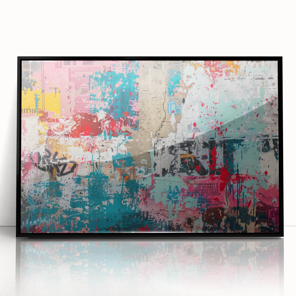 Large abstract wall art in mid-century modernist style, featuring swirling blue and gray tones on a framed acrylic print.
