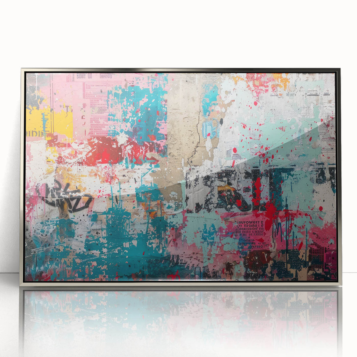 Mid-century modernist art deco poster in acrylic frame, featuring geometric shapes in pastel shades.