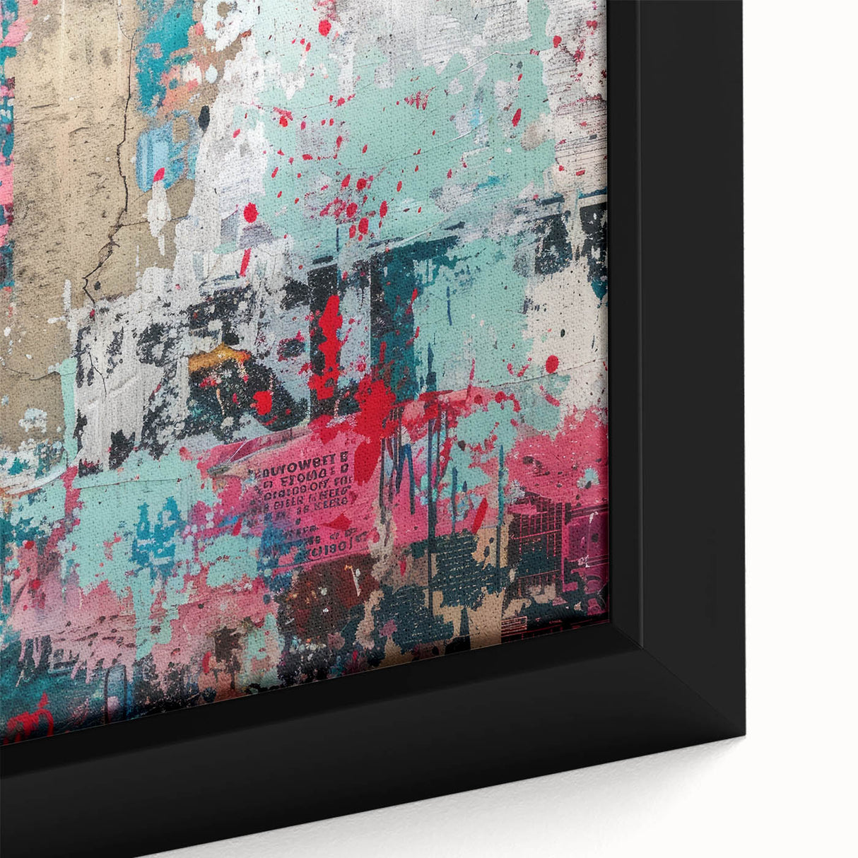 Close-up of textured black wall art with colorful abstract designs on a framed canvas, suitable for a large living room.