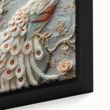 Close-up of a framed canvas showcasing a vibrant abstract landscape painting with rich colors and intricate details, ideal for modern home decor enhancement.