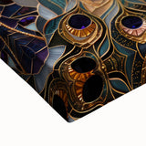 Close-up of a vibrant stretched canvas showcasing intricate African wall art, highlighting bold colors and textured details, ideal for home decor.