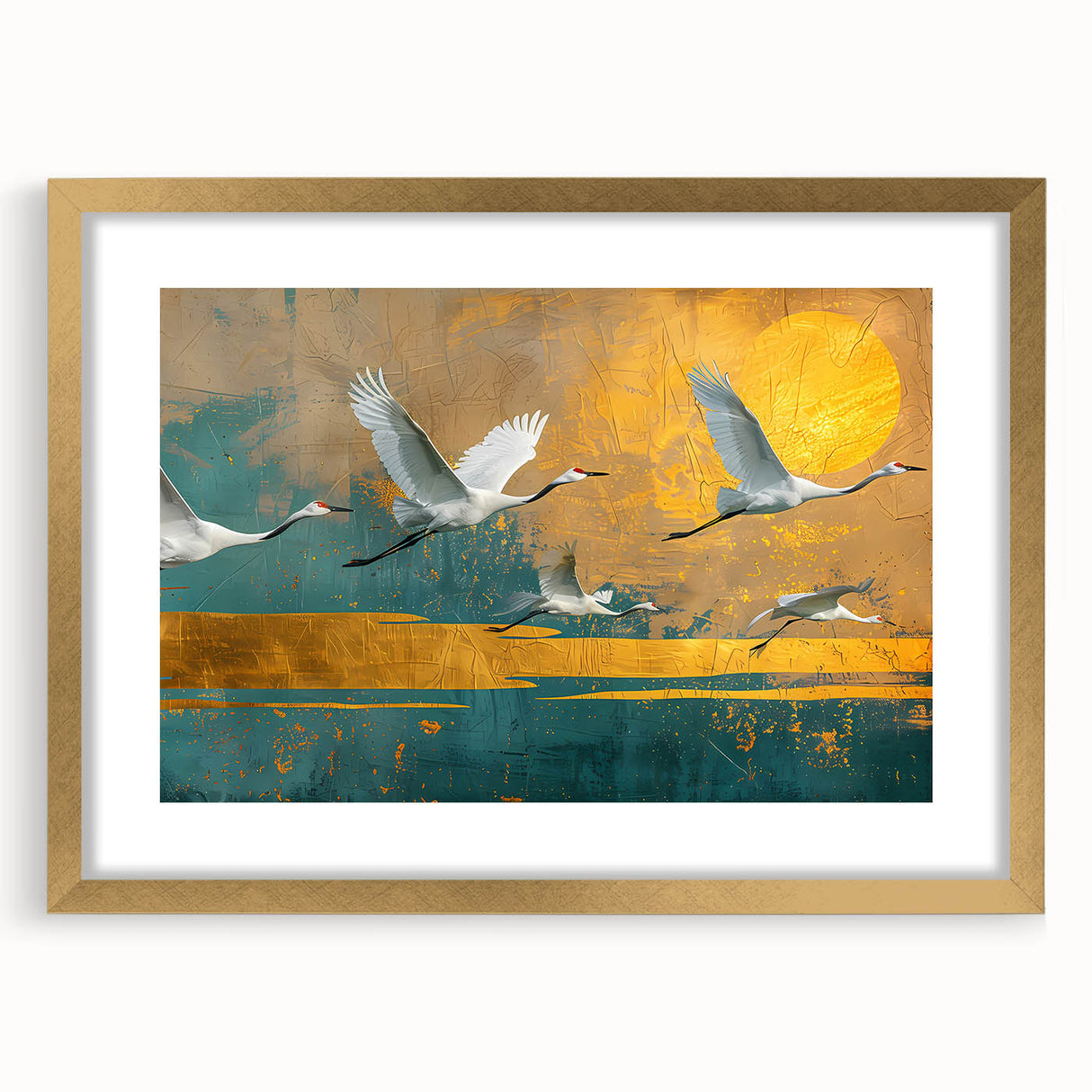 Elegant gold-framed artwork with a white mat, showcasing a beautiful landscape scene. The frame has intricate detailing, perfect for enhancing home decor.