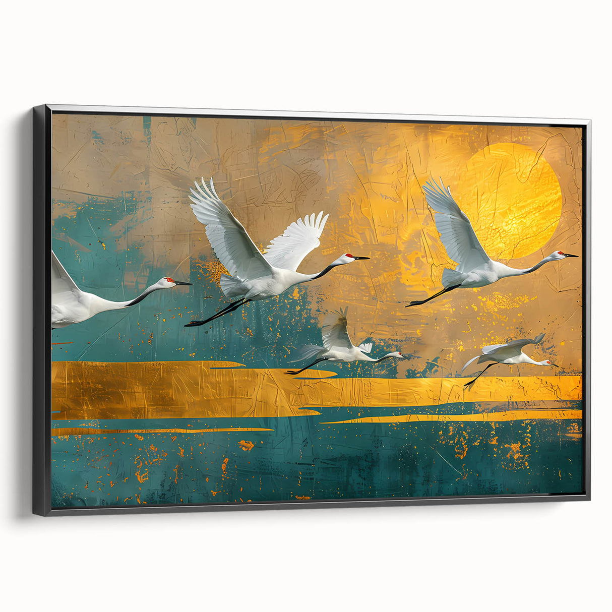 Framed black canvas displaying a modern abstract artwork, positioned elegantly against a neutral background, perfect for contemporary home decor or office settings.