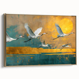Framed canvas art showcasing a vibrant abstract design with gold accents, viewed from the side. Perfect for modern home decor, enhancing interior aesthetics.