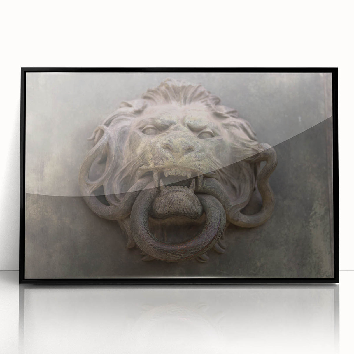 Large abstract wall art featuring swirling blue and gray tones on acrylic, framed in black.