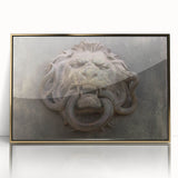 Large art print of a mid-century modernist abstract design in gold and black tones, framed acrylic.