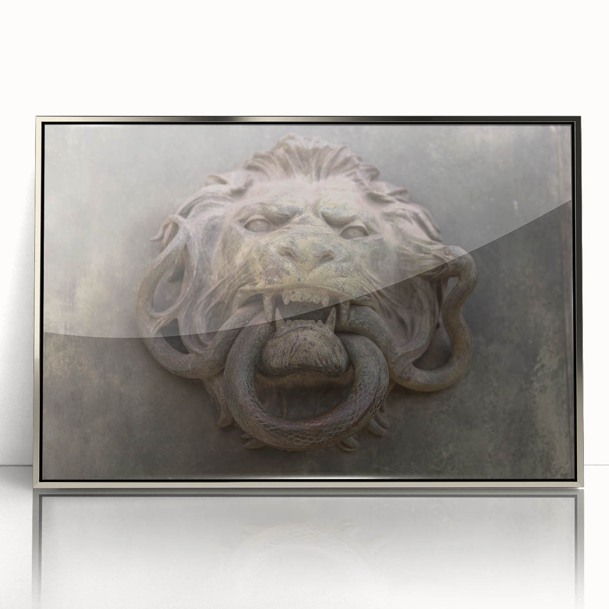 Framed acrylic print of a mid-century modernist art piece, featuring geometric shapes in muted tones.