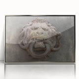 Framed acrylic print of a mid-century modernist art piece, featuring geometric shapes in muted tones.