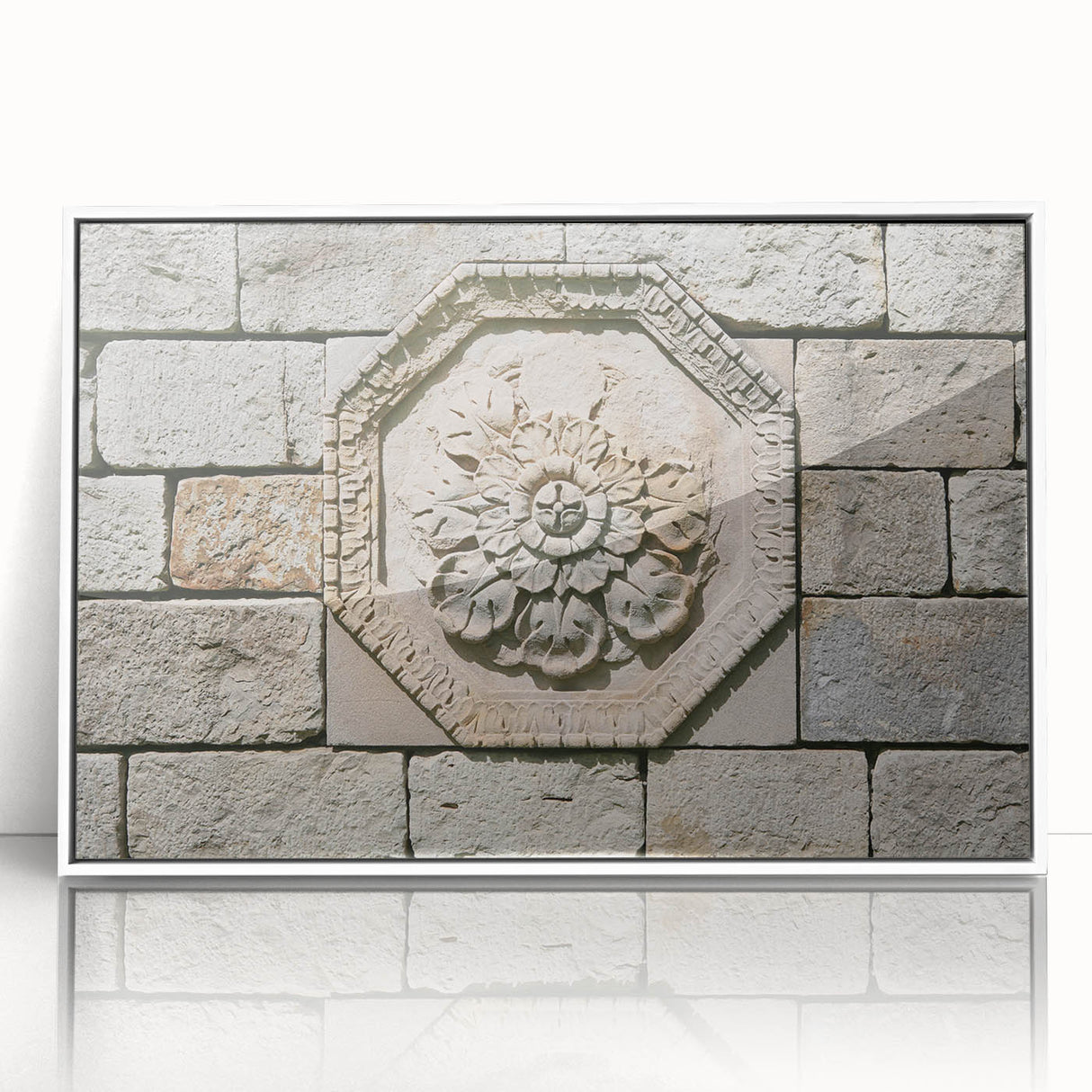 Art deco poster featuring geometric patterns in muted gold and white tones, framed acrylic, ideal for nursery wall decor.