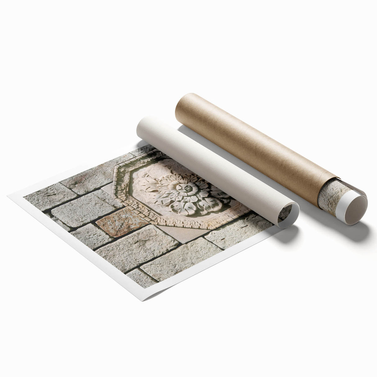 Extra large rolled canvas print featuring a detailed floral design in soft pastel colors.