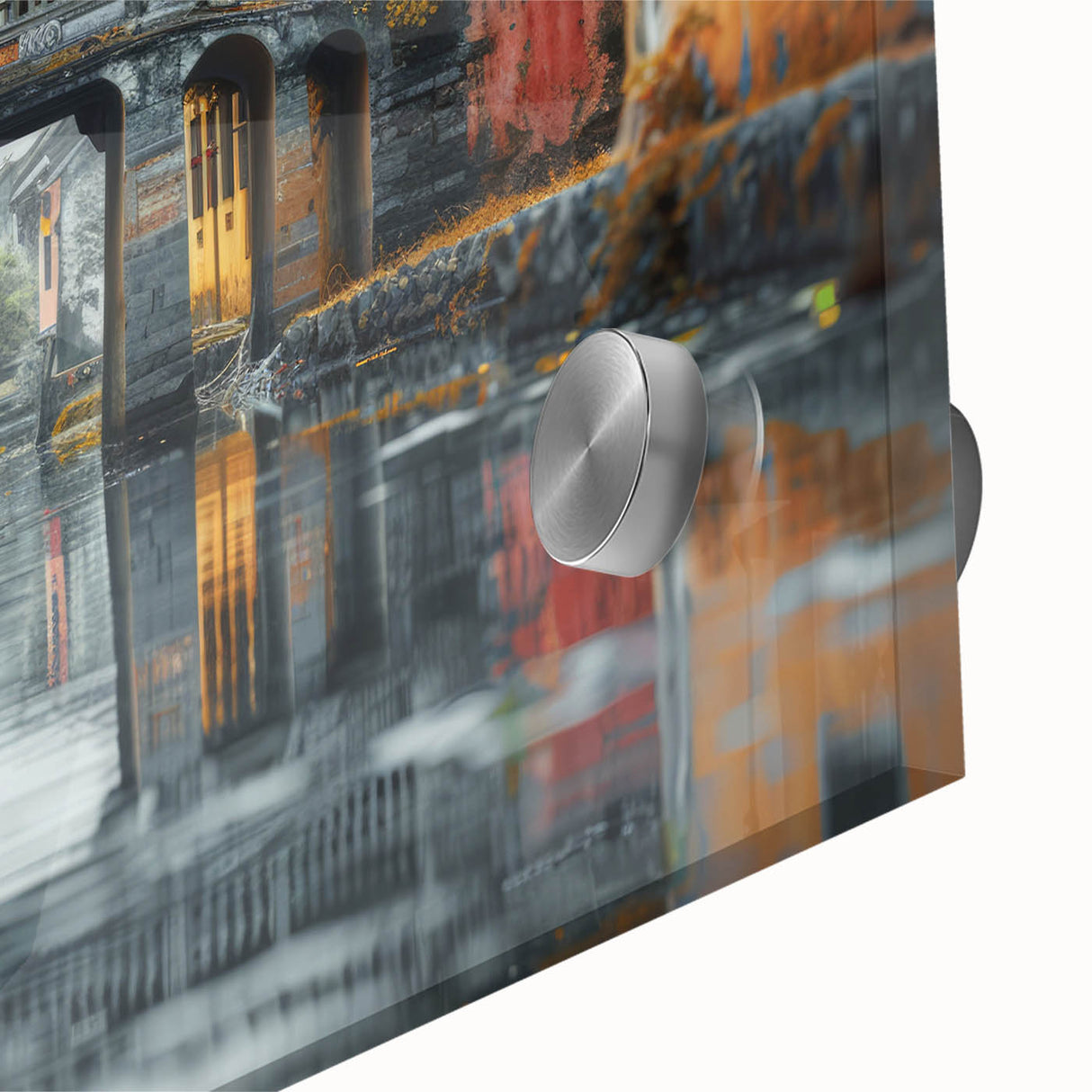 Large abstract wall art in vibrant orange and blue tones on acrylic glass, ideal for dining room ambiance.