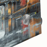 Large abstract wall art in vibrant orange and blue tones on acrylic glass, ideal for dining room ambiance.