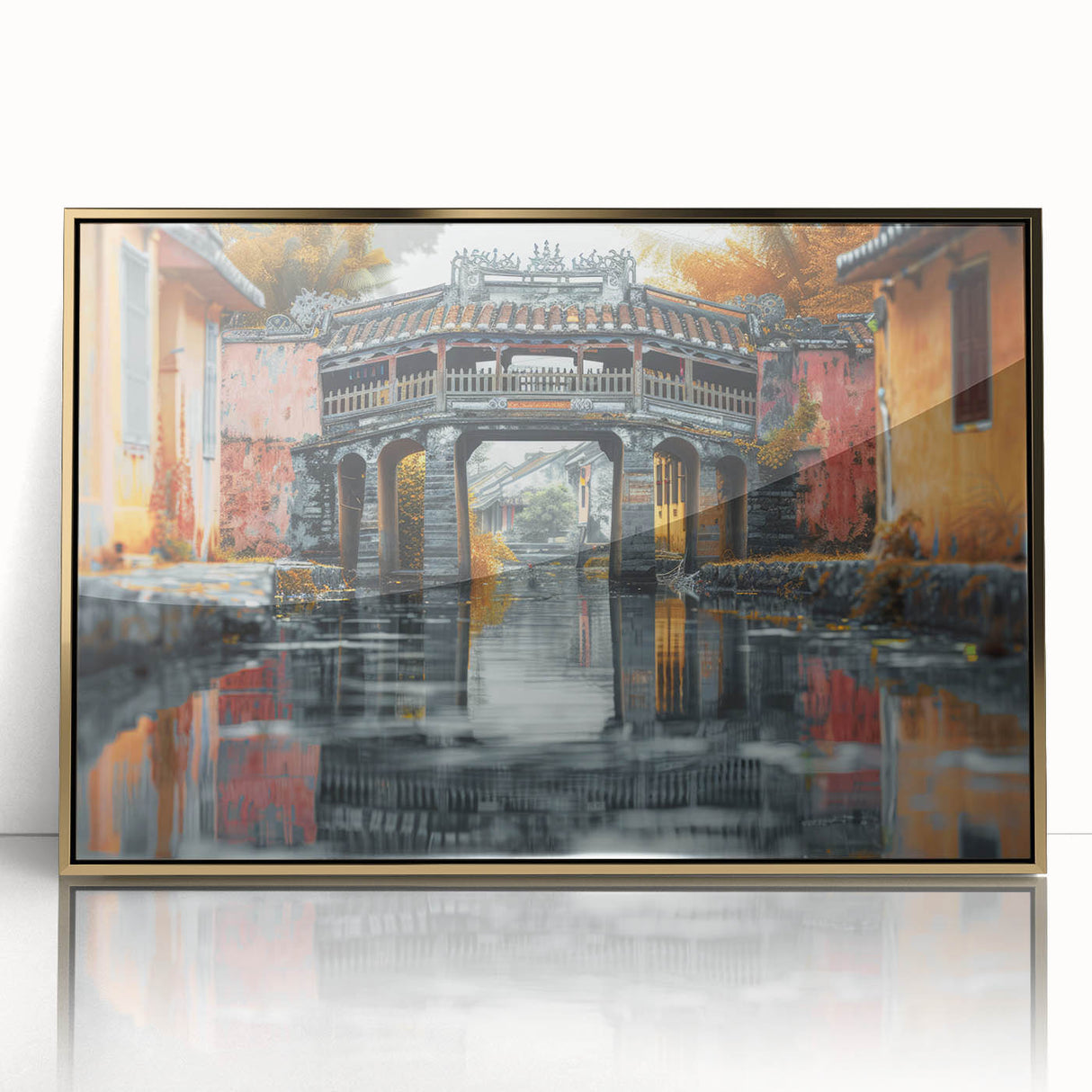 Large framed acrylic print of a mid-century modernist abstract design in gold and beige tones.