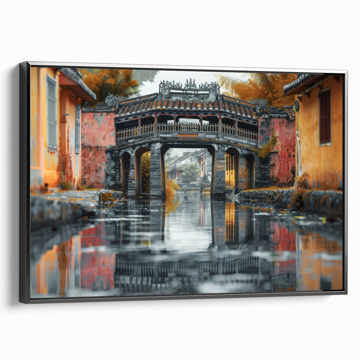 Framed canvas featuring a black and white vintage landscape painting, ideal for bedroom wall decor.