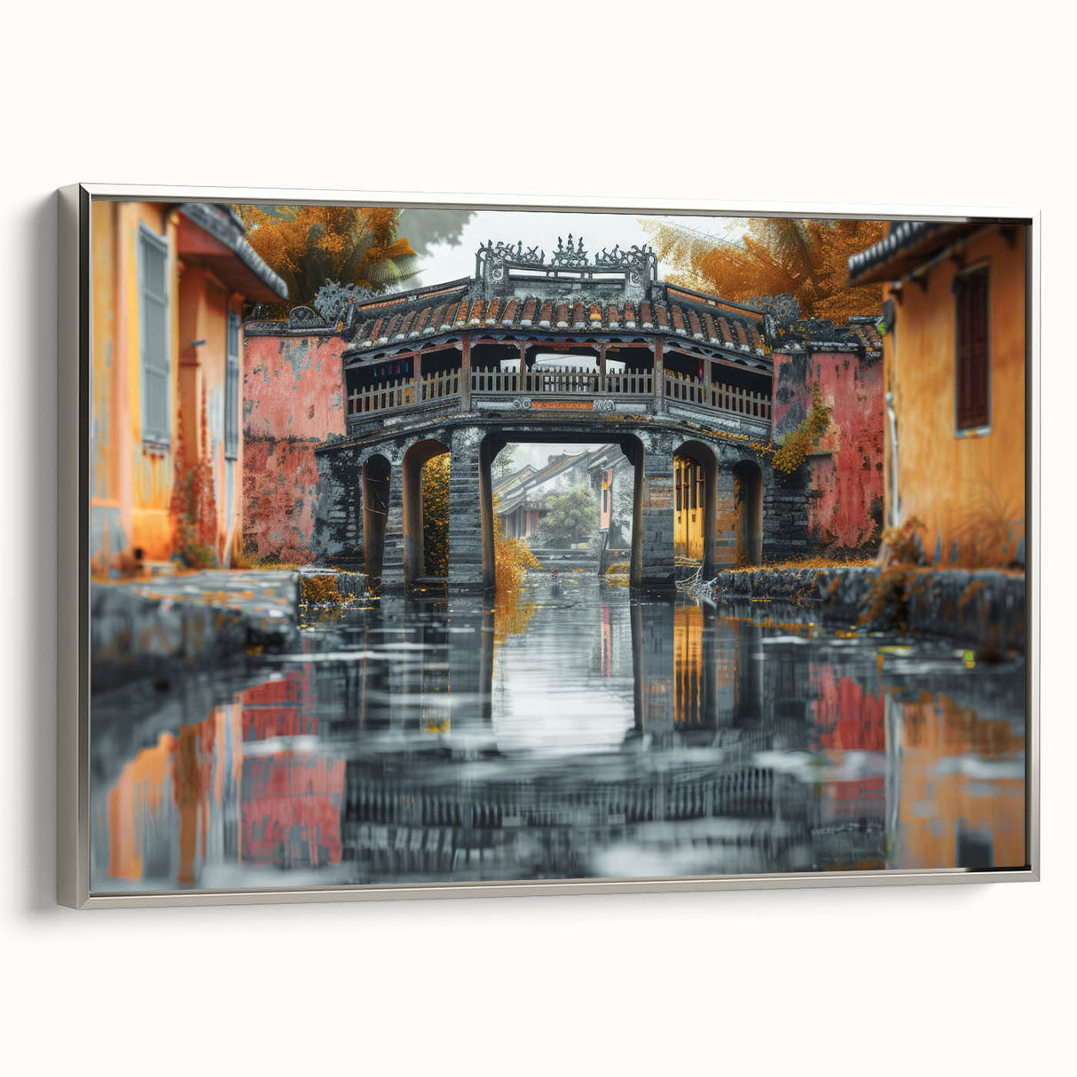 Landscape art painting on framed canvas depicting a colorful, vintage-style scene.