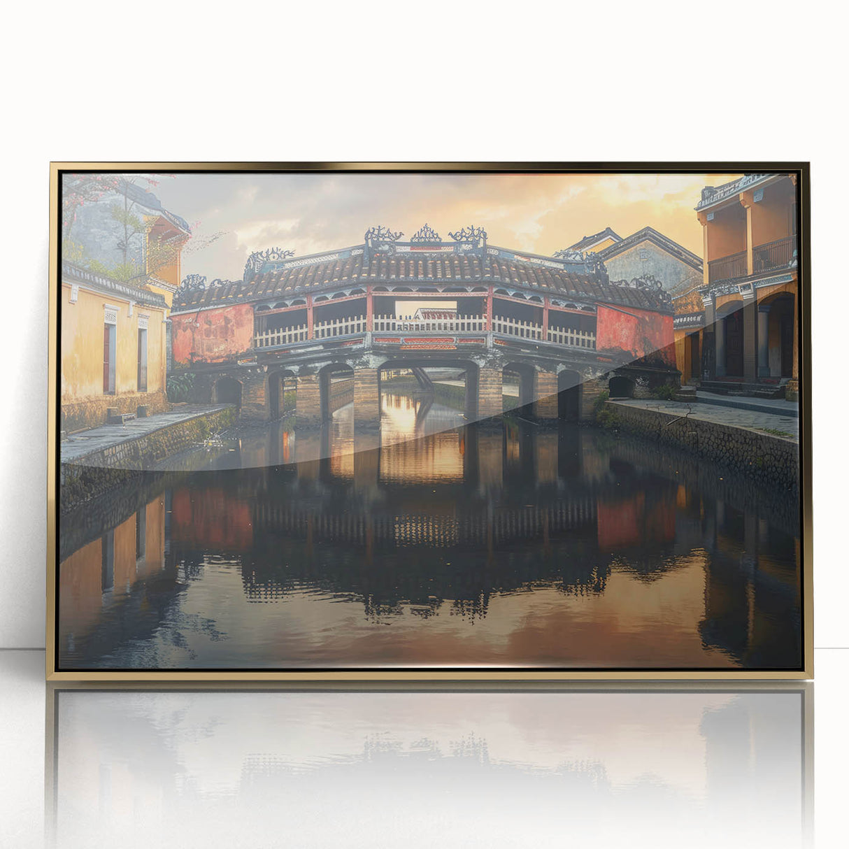 Large art print featuring mid-century modernist abstract shapes in muted gold and cream, acrylic framed.