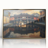 Large art print featuring mid-century modernist abstract shapes in muted gold and cream, acrylic framed.