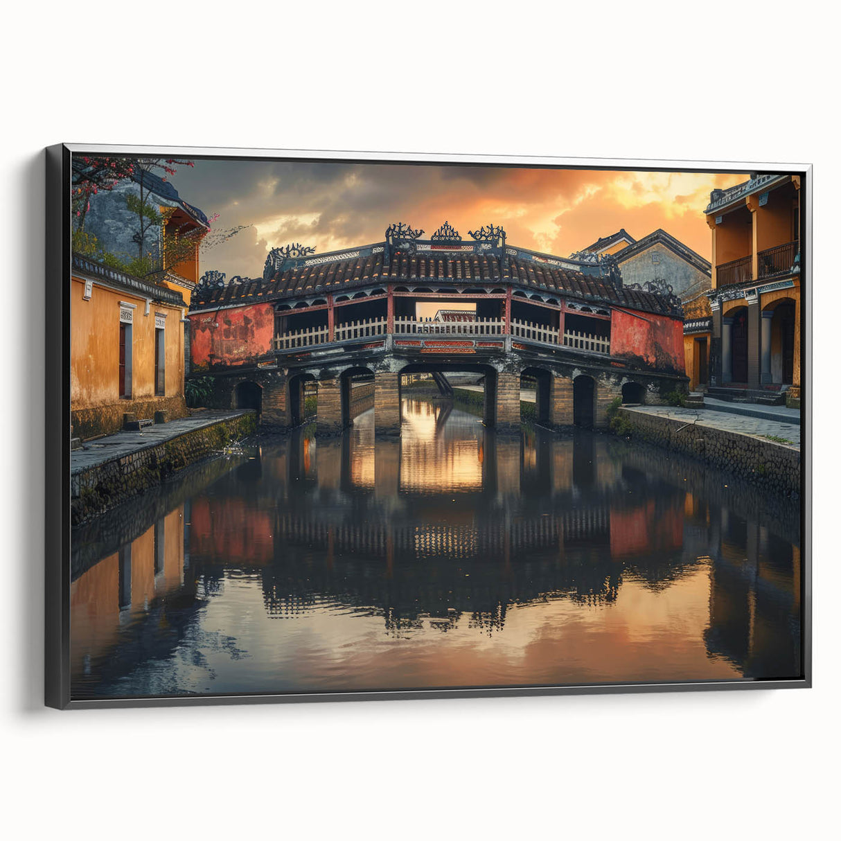 Black and white framed canvas featuring a vintage landscape painting, ideal for bedroom decor.