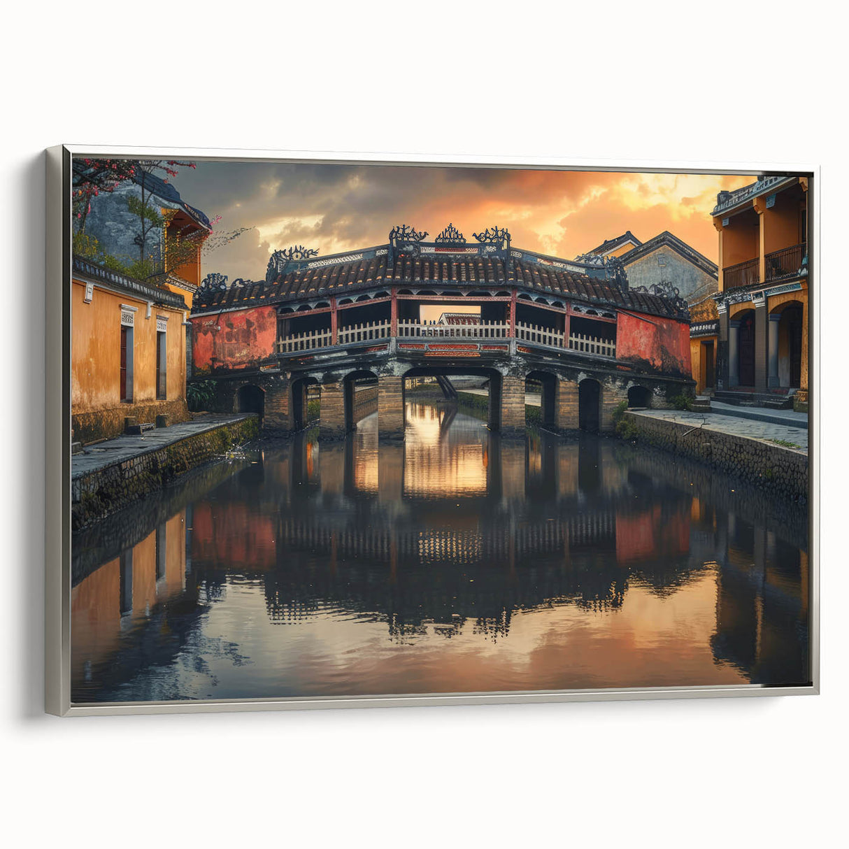 Landscape art painting of a serene lake scene in muted blues and greens, framed in silver, ideal for living room decor.