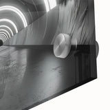 Large abstract wall art in vibrant orange and blue tones on acrylic glass.